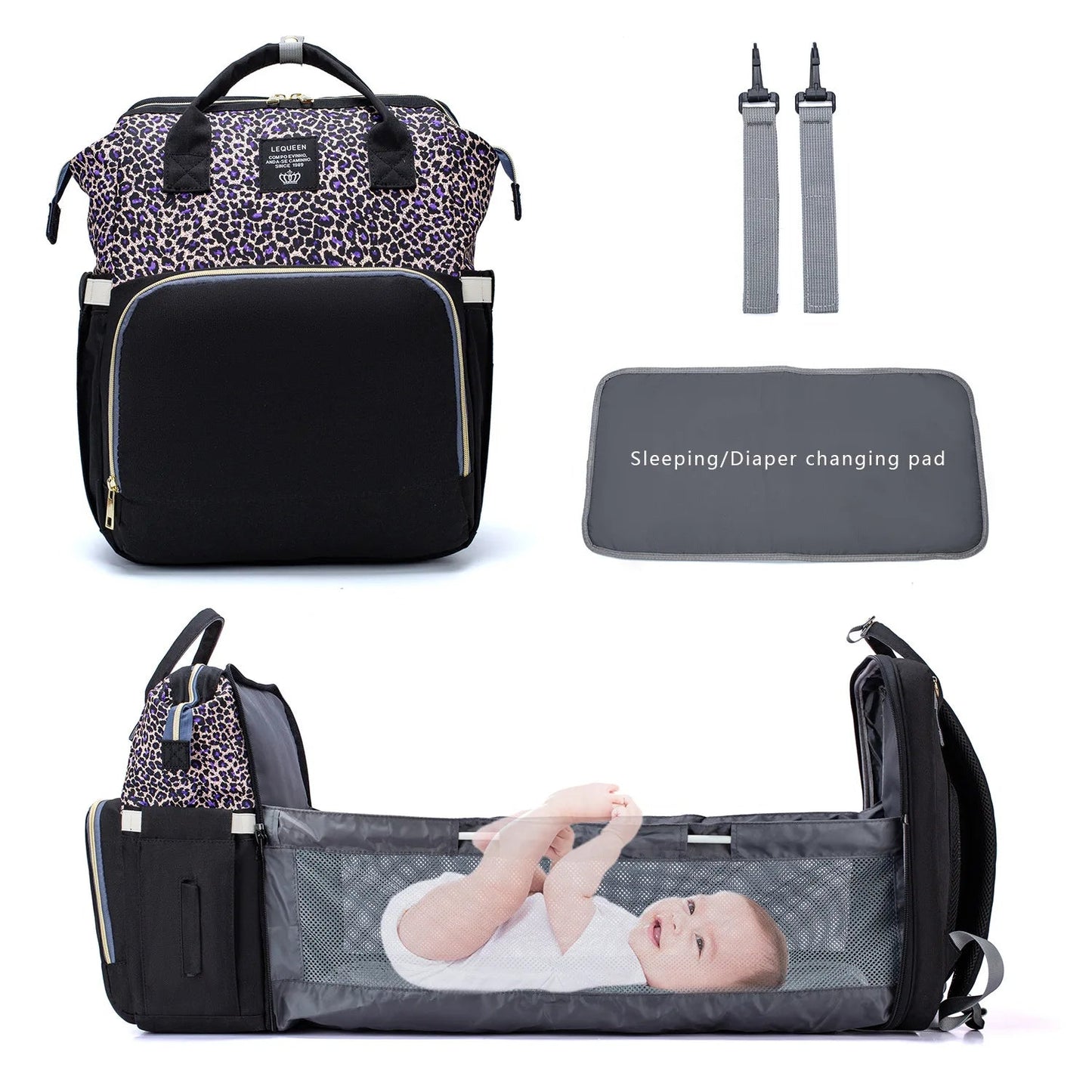 Sac a langer leopard violet ouvert en couchage avec bebe allonge, livre avec matelas a langer et sangles de fixation.