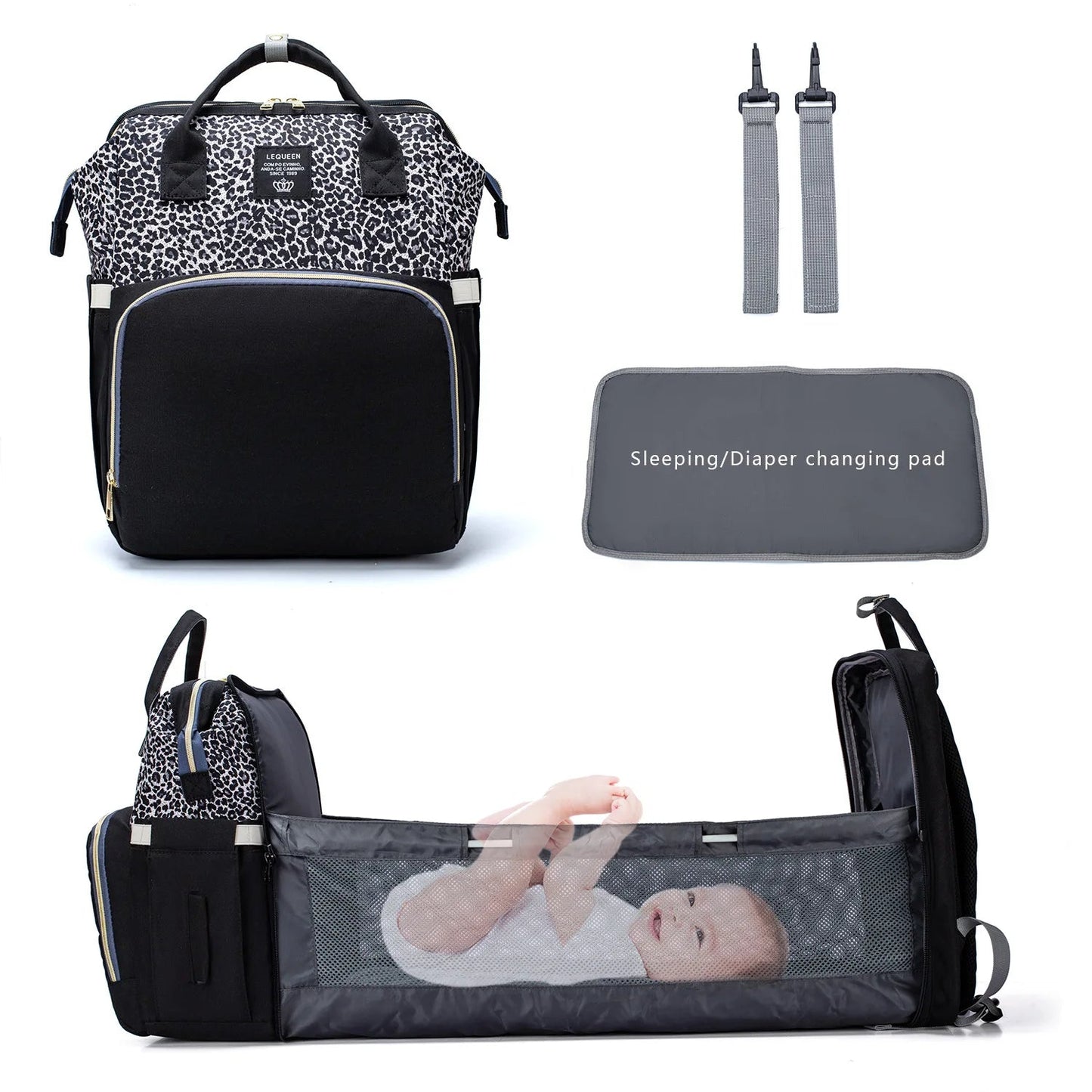 Sac deplie en berceau accueillant un bebe confortablement installe, ideal pour la sieste en voyage ou chez des proches.