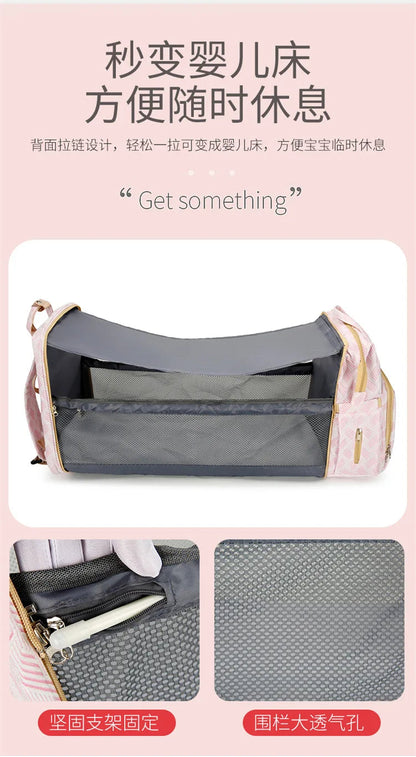 Le sac se deplie en lit d'appoint avec armature solide et parois en filet respirant pour le repos du bebe.