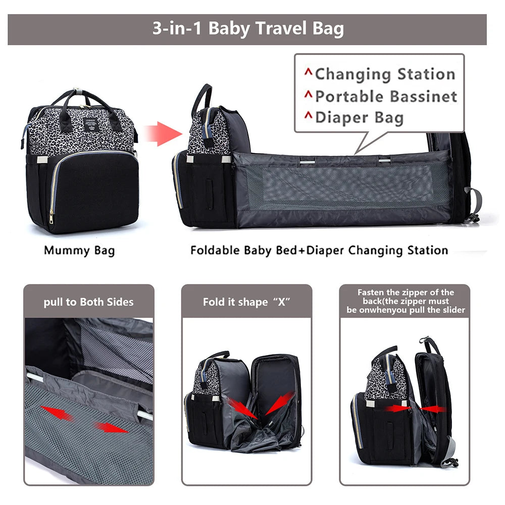 Schema montrant comment le sac se transforme en berceau et en table a langer puis se replie en forme X pour le voyage.