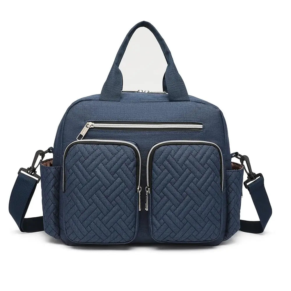 Sac a langer bandouliere en coloris bleu marine avec bandouliere reglable, un style sobre qui accompagne les parents en toutes occasions.