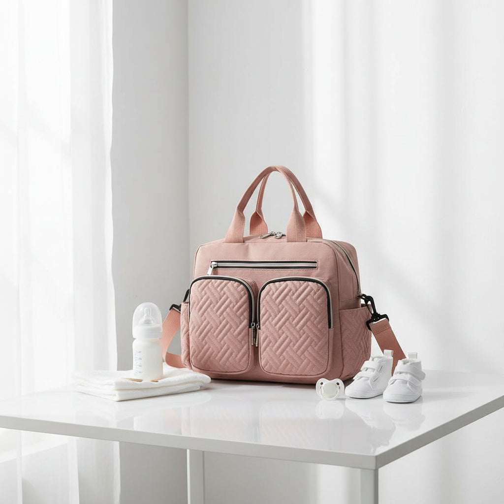 Sac a langer bandouliere rose poudre au design matelasse tendance, parfait pour les sorties avec bebe tout en restant chic.