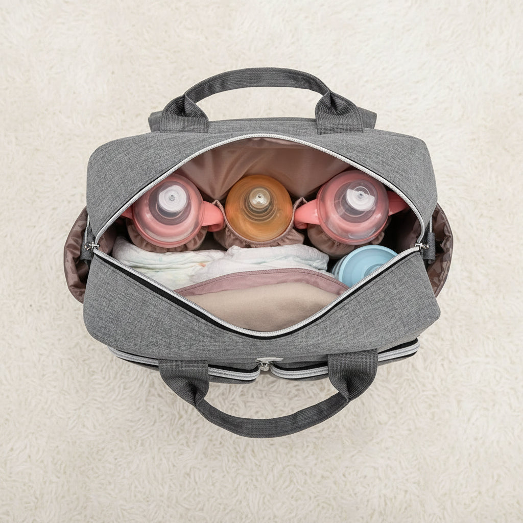 Interieur spacieux du sac a langer permettant de ranger plusieurs biberons et couches en toute organisation.