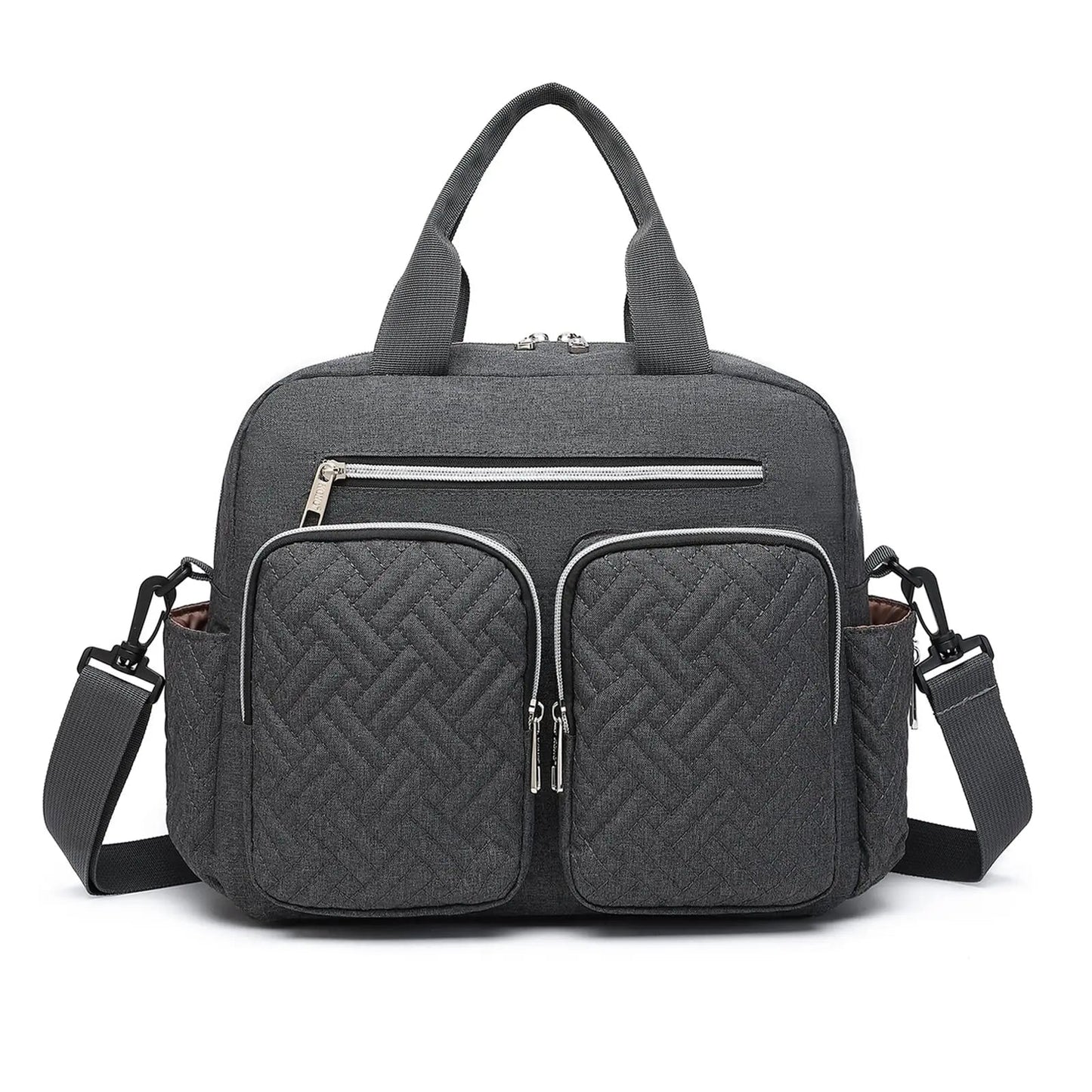 Sac a langer bandouliere gris anthracite avec deux grandes poches frontales pour un acces rapide aux essentiels de bebe.
