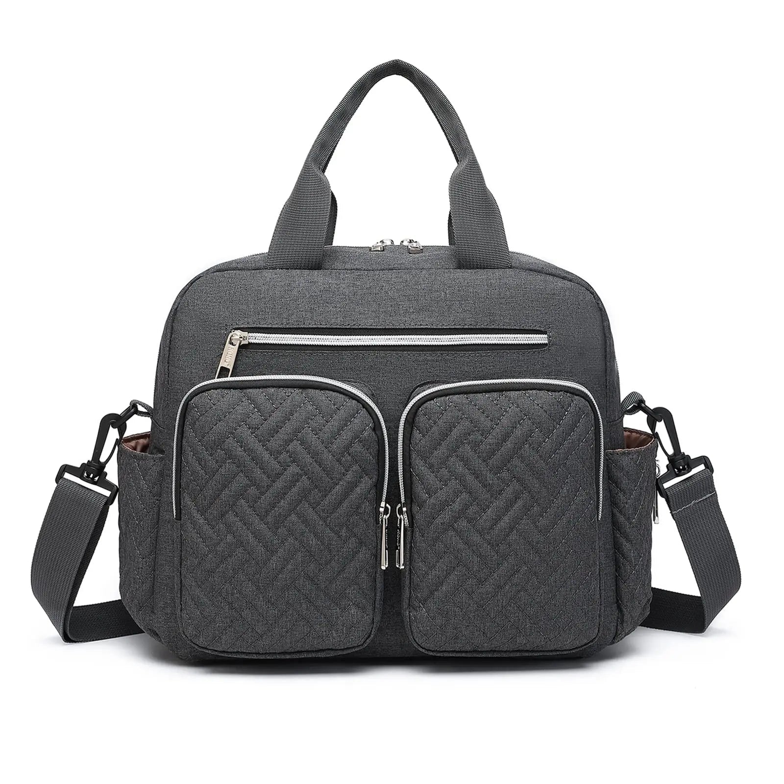 Sac a langer bandouliere gris anthracite avec deux grandes poches frontales pour un acces rapide aux essentiels de bebe.