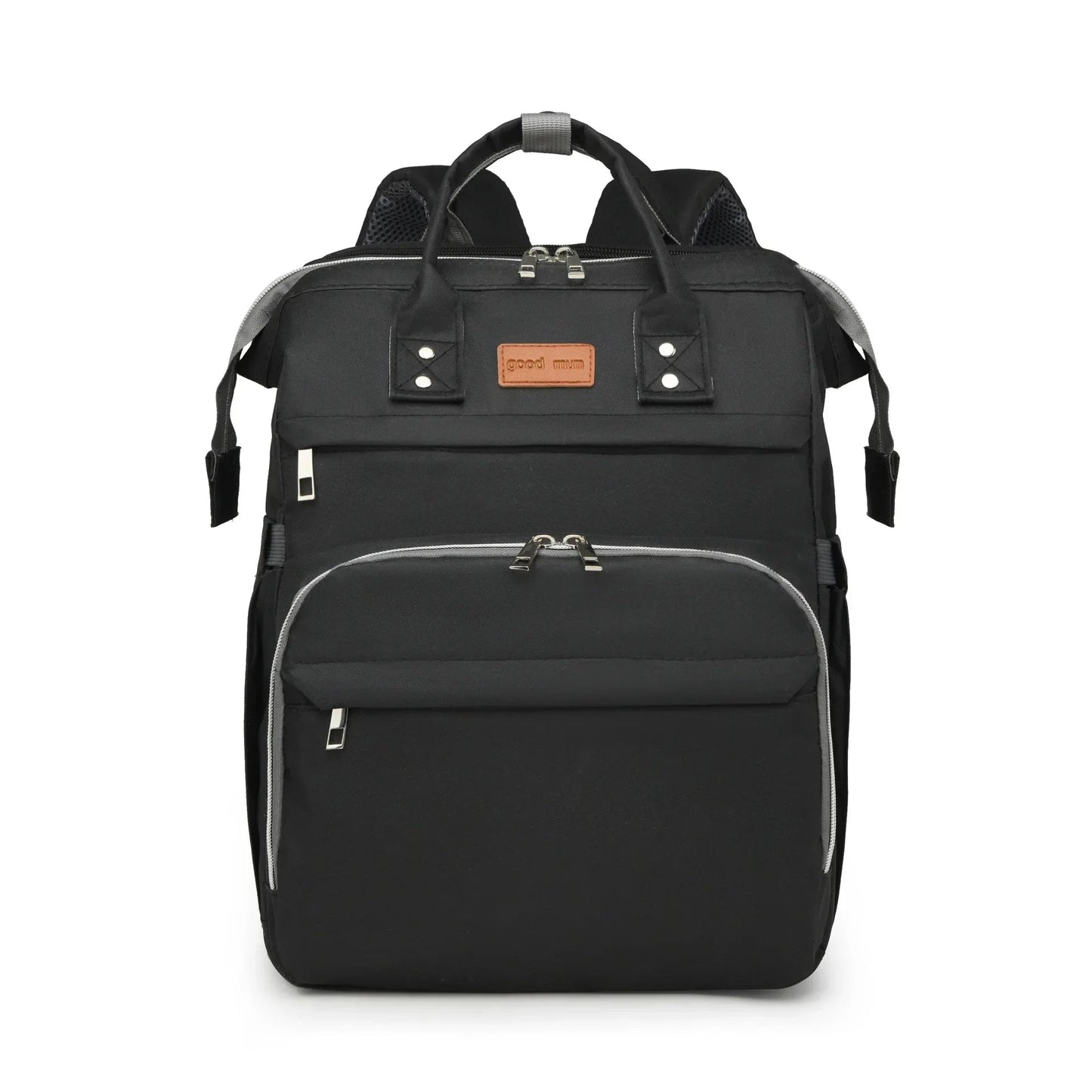 Sac a langer noir intemporel avec poignees et zips gris, un choix mixte pour maman comme papa.