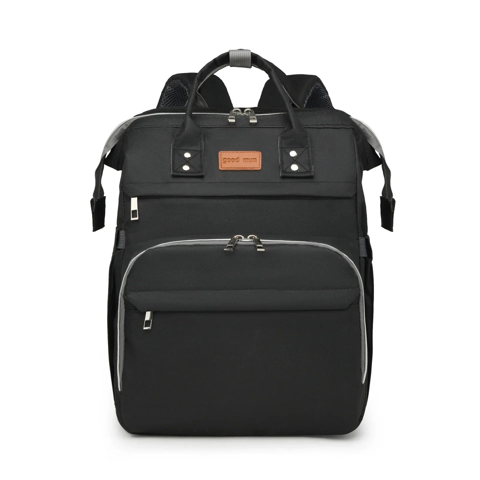 Sac a langer noir intemporel avec poignees et zips gris, un choix mixte pour maman comme papa.