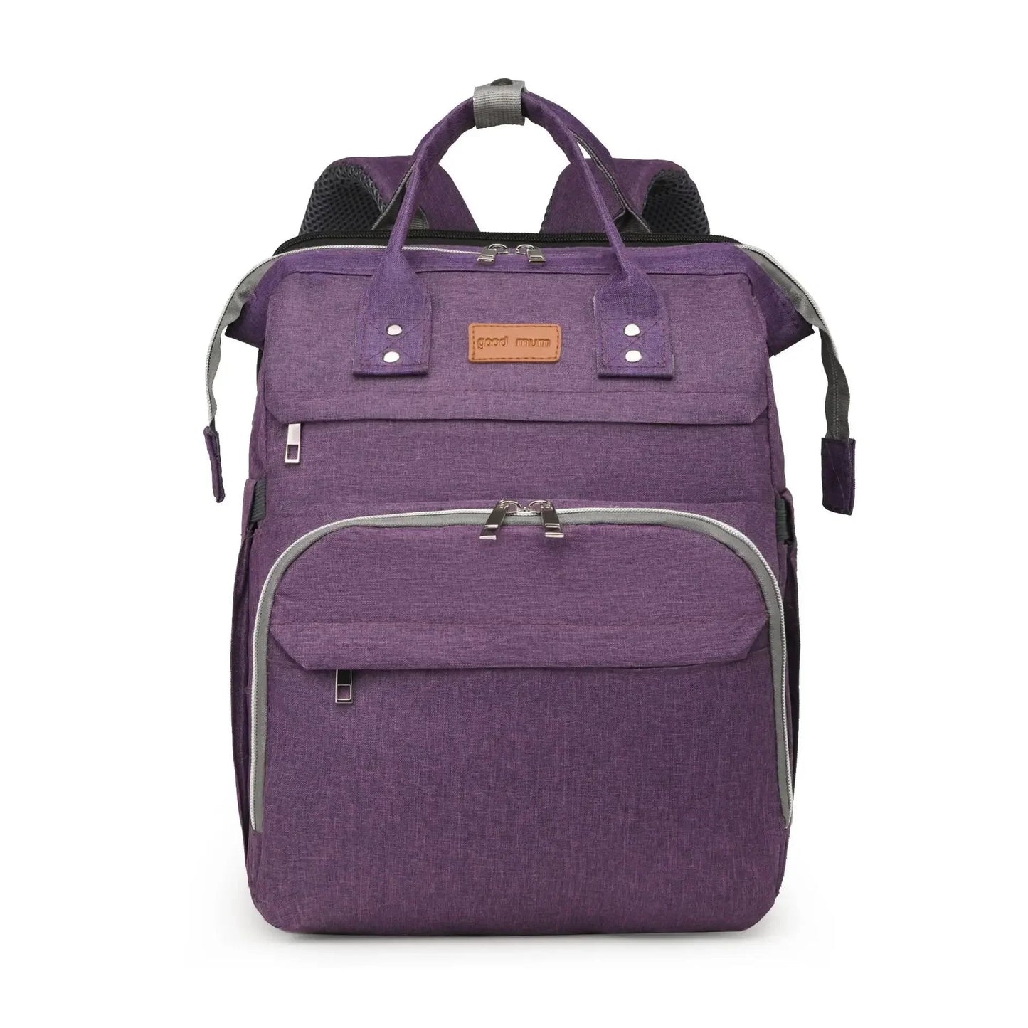 Sac a langer convertible en coloris violet, sobre et chic, adapte aux sorties quotidiennes avec un nourrisson.