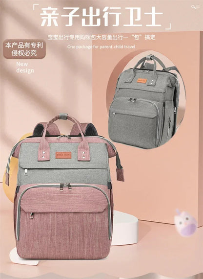Presentation du sac a langer comme le compagnon ideal des sorties parent-enfant, decline en rose et gris.