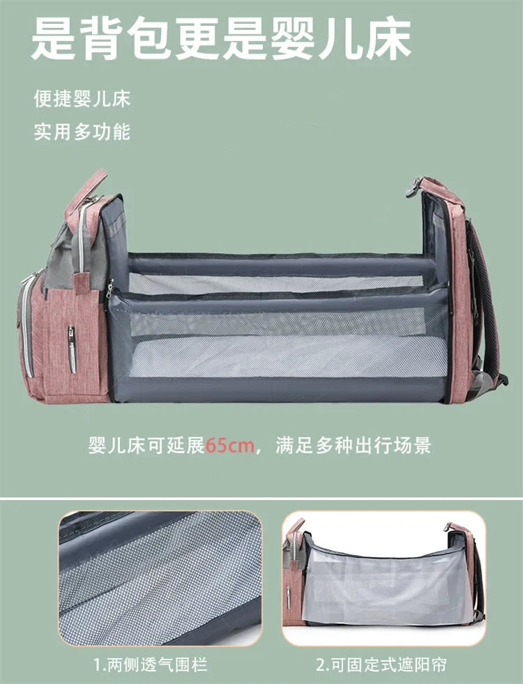 Le sac se transforme en lit bebe extensible de 65 cm avec parois aerees et pare-soleil pour les siestes nomades.
