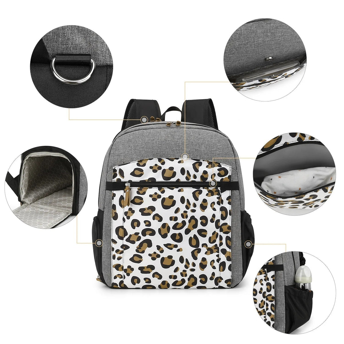 Schema detaille du sac a langer leopard mettant en avant l'anneau metallique, le matelas a langer integre et les rangements isothermes.