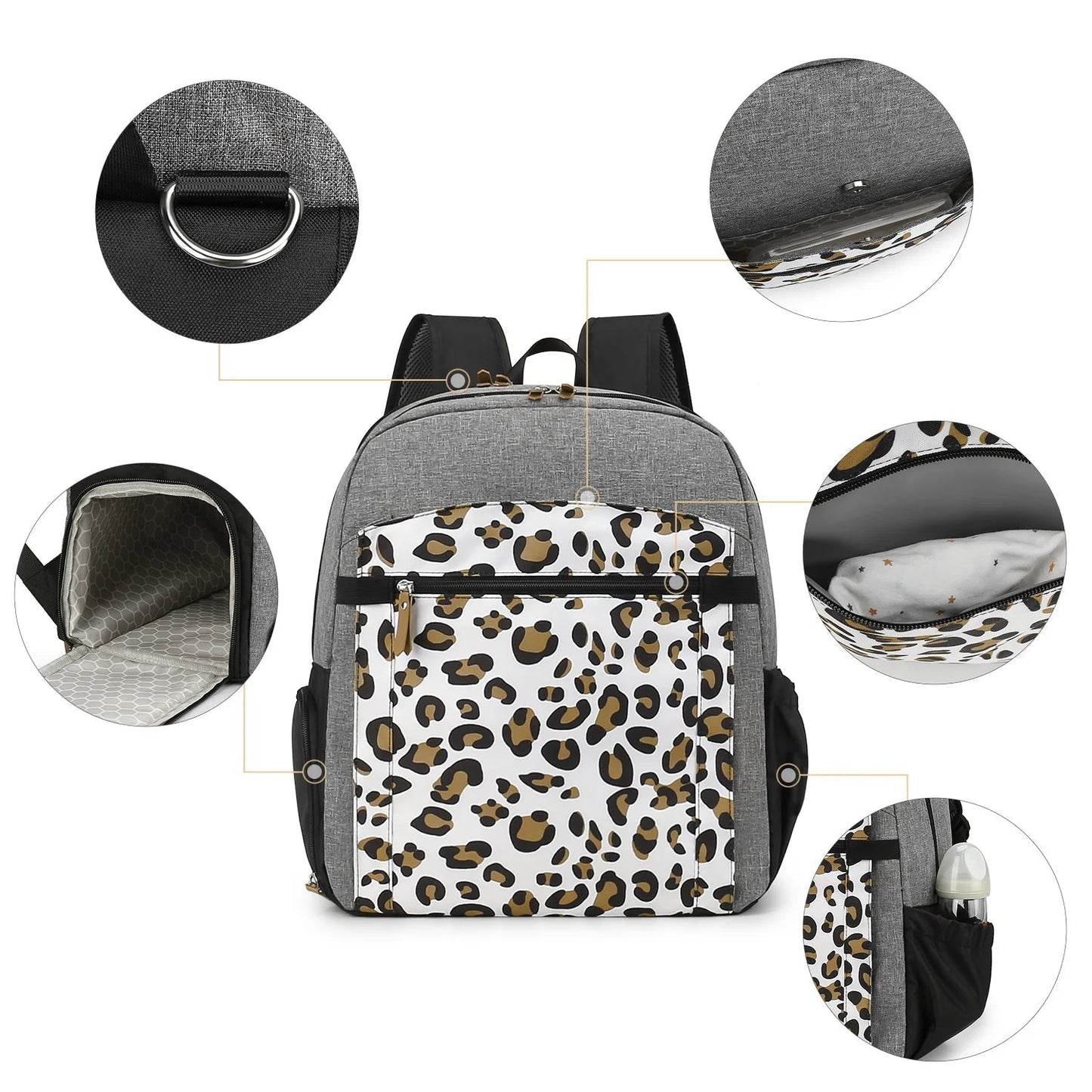 Details des rangements du sac a langer avec poche separee pour linge mouille et poche elastique laterale pour le biberon toujours accessible.