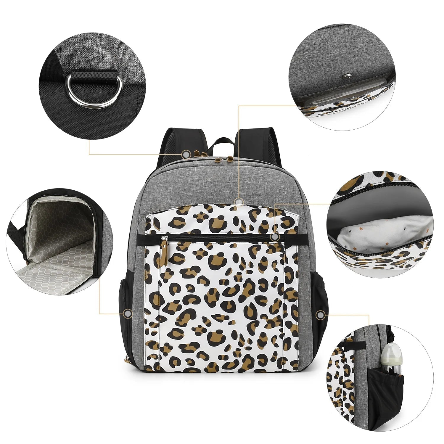 Details des rangements du sac a langer avec poche separee pour linge mouille et poche elastique laterale pour le biberon toujours accessible.