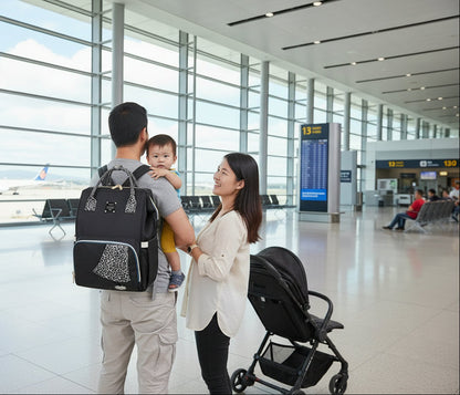 Maman portant le sac a langer leopard en mode sac a dos, alliant style urbain et praticite au quotidien avec bebe.
