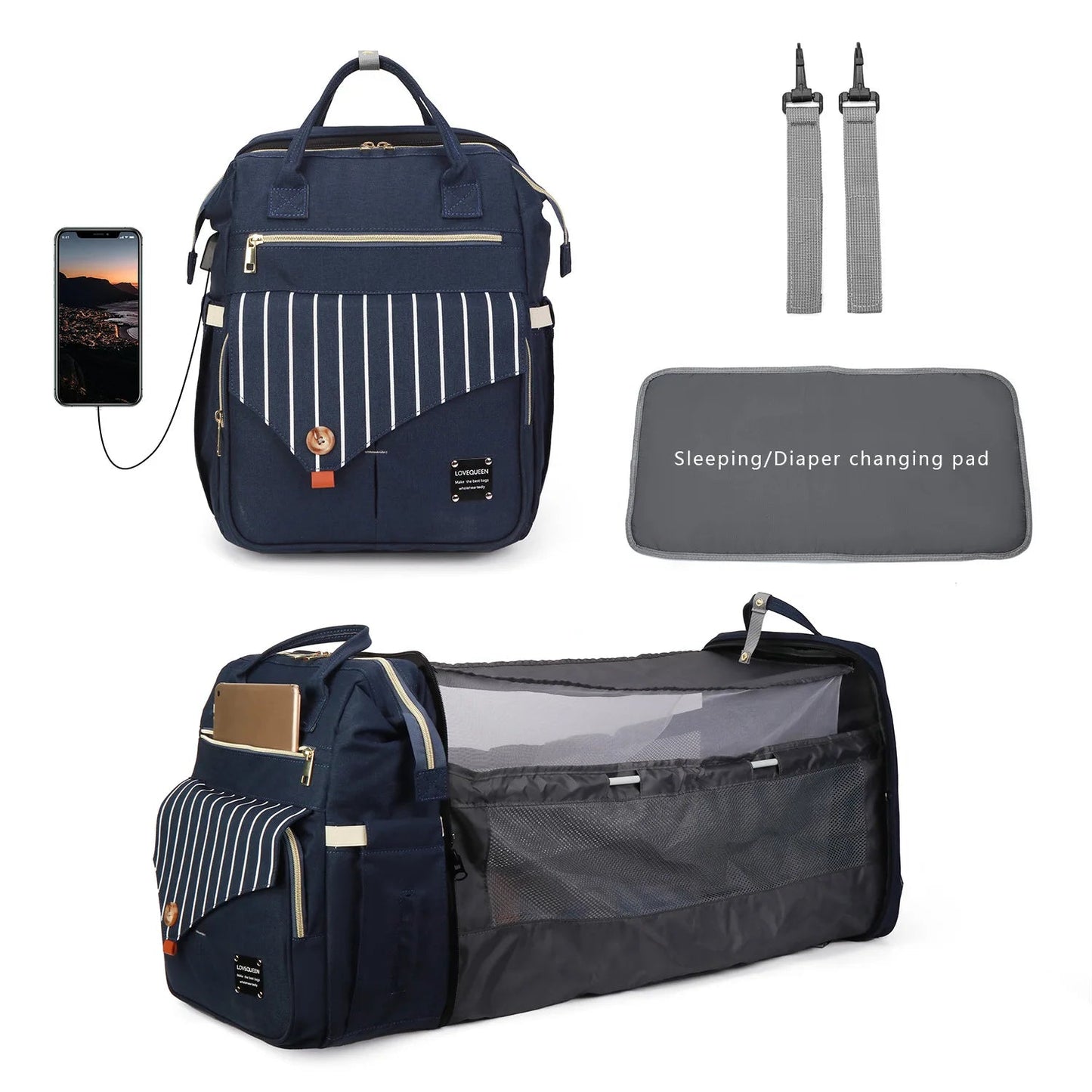 Sac a langer bleu marine deploye en lit bebe respirant avec matelas a langer, parfait pour les voyages et visites.