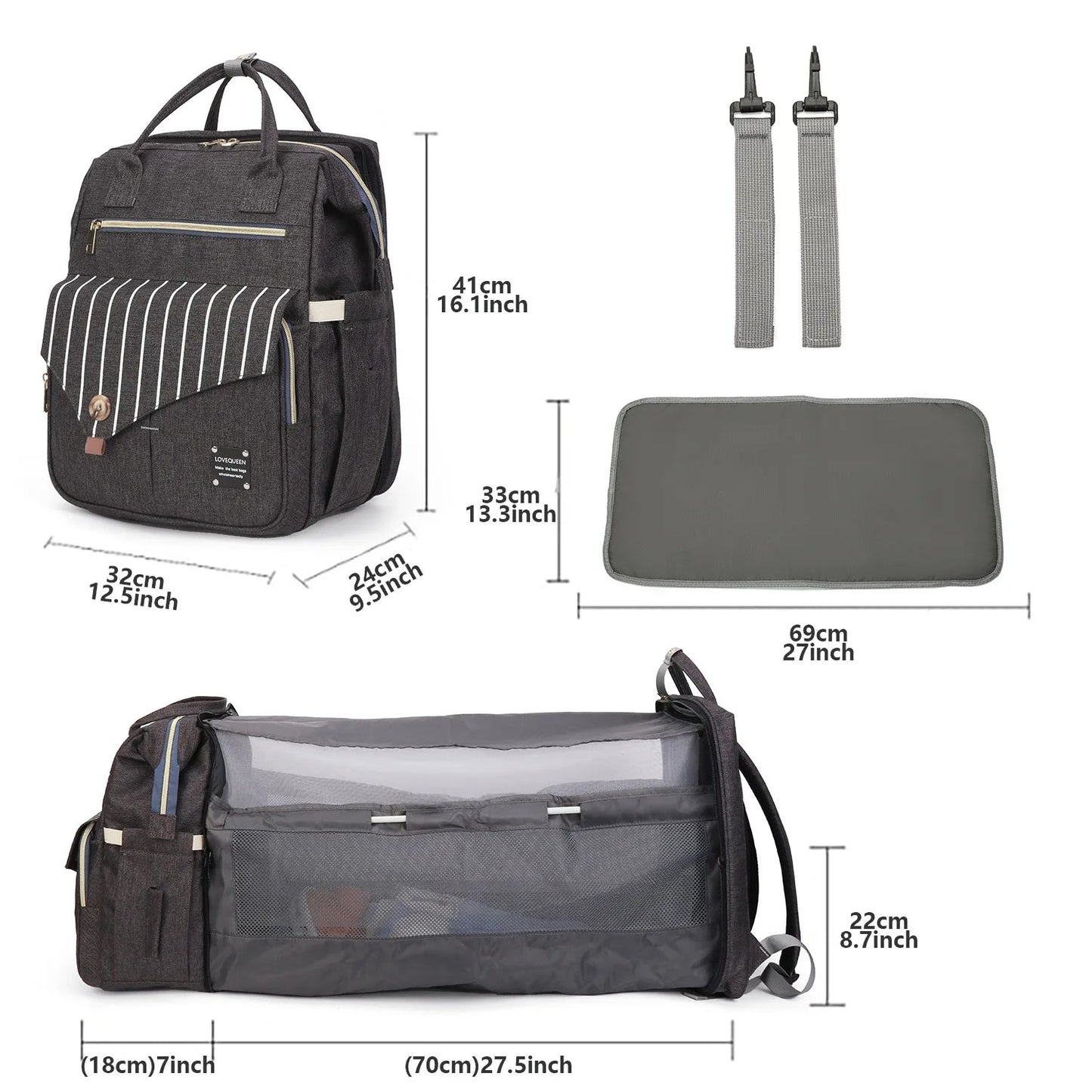 Cotes detaillees du modele bleu marine deploye en lit et des accessoires inclus, utiles avant l'achat.