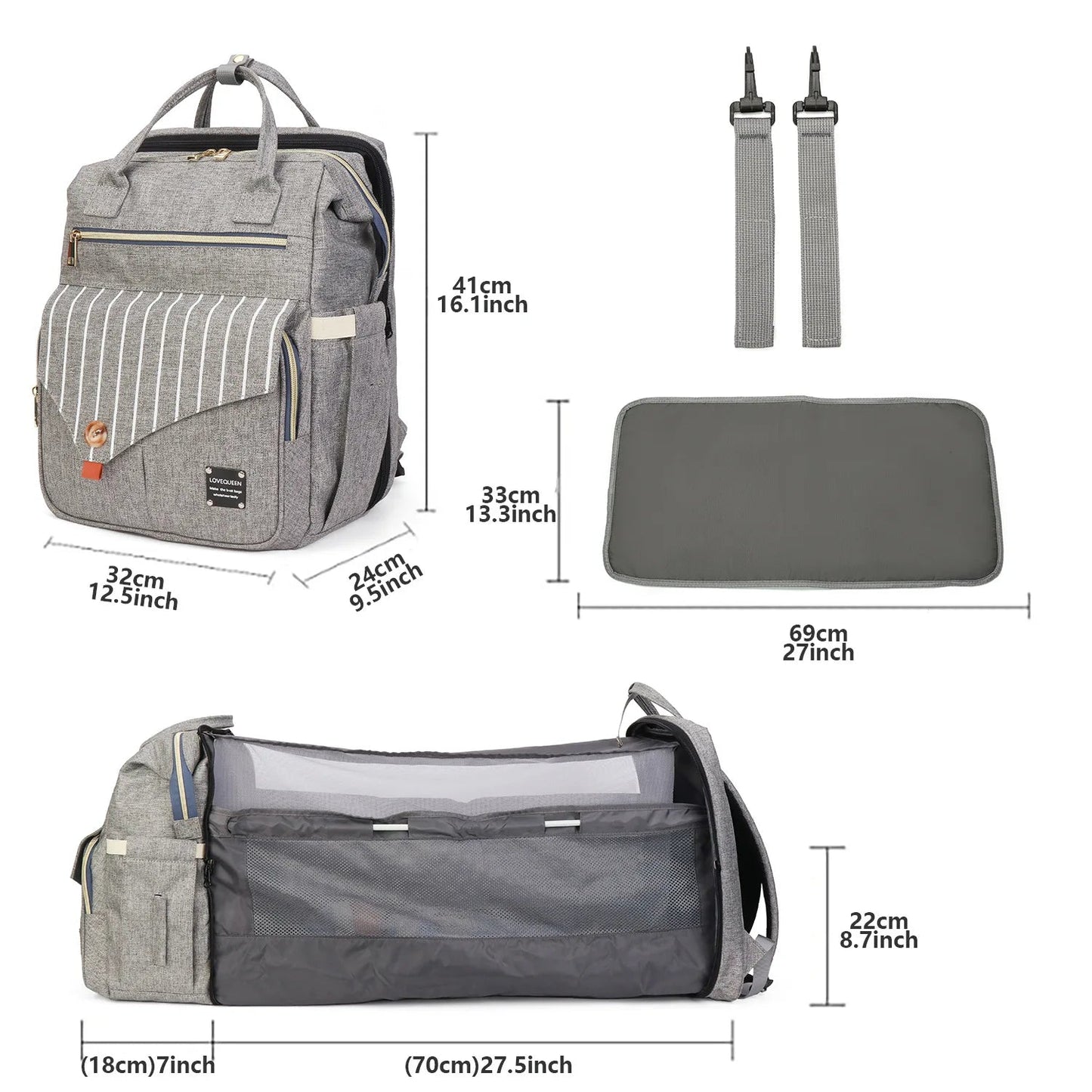 Fiche des dimensions du sac a langer gris avec matelas a langer et sangles fournis, pour visualiser l'encombrement reel.