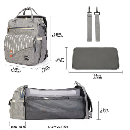 Fiche des dimensions du sac a langer gris avec matelas a langer et sangles fournis, pour visualiser l'encombrement reel.