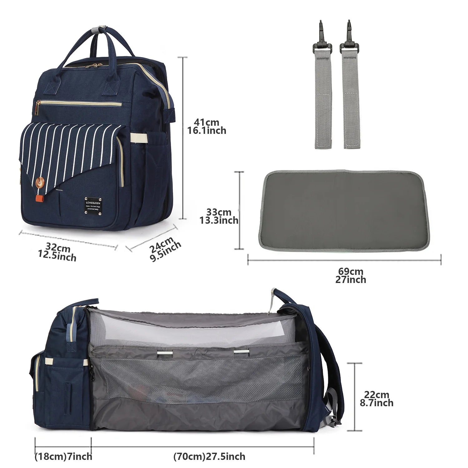 Recapitulatif des mesures du sac a langer bleu marine avec sa couchette pliable et son tapis a langer amovible.