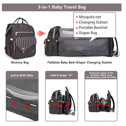 Instructions illustrees pour deplier le modele noir en lit bebe et station a langer en quelques gestes simples.