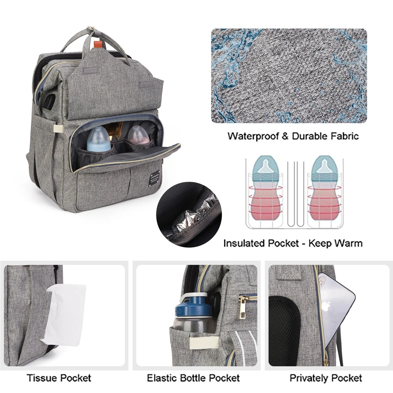Details des rangements du sac a langer : poche isotherme pour garder les biberons au chaud, tissu impermeable et poches laterales pratiques.