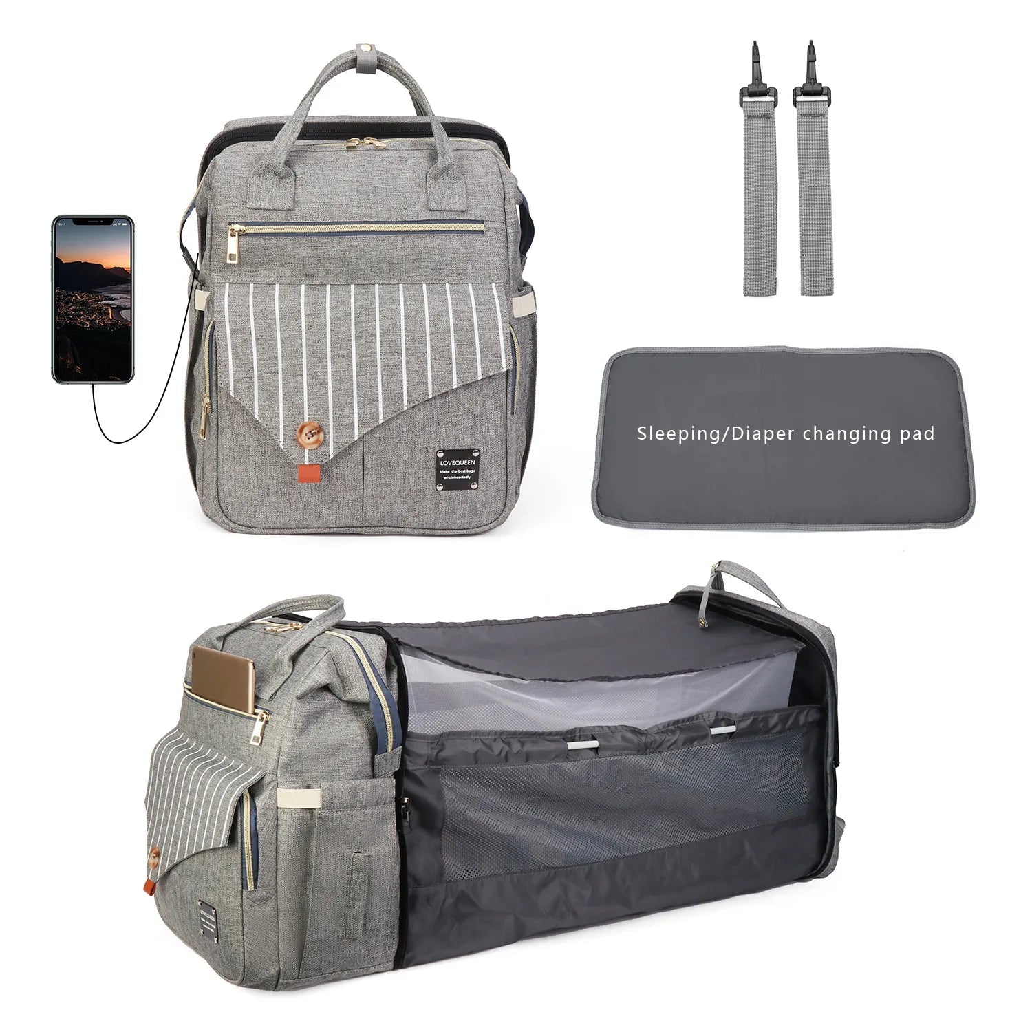 Sac a langer gris qui se deplie en couchette bebe avec moustiquaire, livre avec matelas et port de recharge integre.