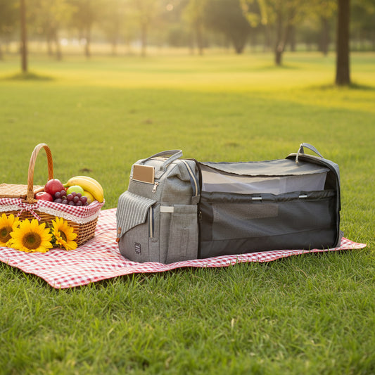 Sac a langer gris qui se deplie en couchette bebe avec moustiquaire, livre avec matelas et port de recharge integre.
