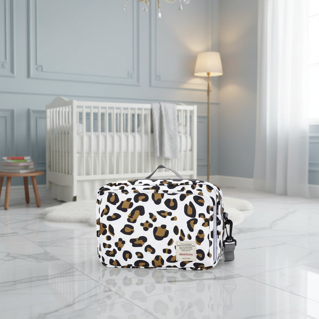Sac a langer pour poussette au motif leopard chic avec bandouliere reglable, ideal pour les sorties tendance avec bebe.