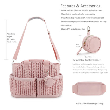 Presentation des caracteristiques du sac a langer sans BPA avec pochette tetine amovible et bandouliere reglable jusqu a 114 cm