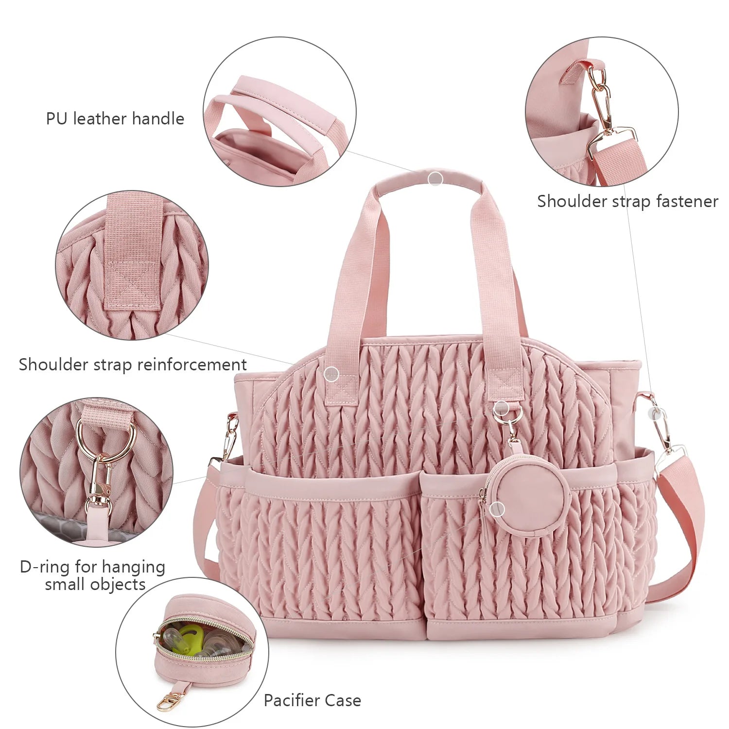 Details des finitions du sac a langer avec anses en similicuir, attaches de bandouliere renforcees et pochette tetine