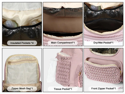 Gros plan sur les compartiments interieurs du sac a langer rose, dont poche filet, poche mouchoirs et poche zippee frontale.