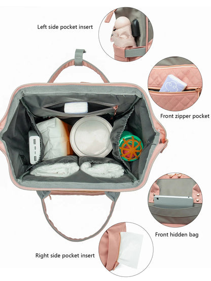 Vue detaillee des nombreuses poches du sac a langer rose : poches laterales, poche frontale zippee et compartiment cache pour lingettes.
