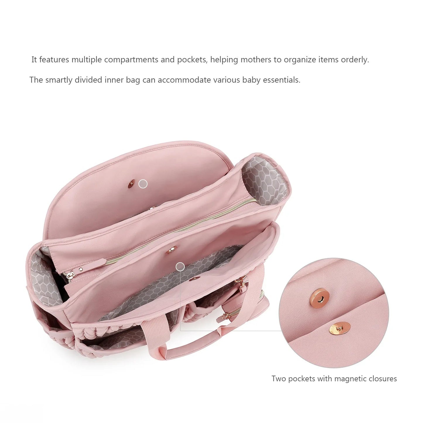 Interieur du sac a langer avec compartiments separes et deux poches a fermeture magnetique pour ranger les affaires de bebe