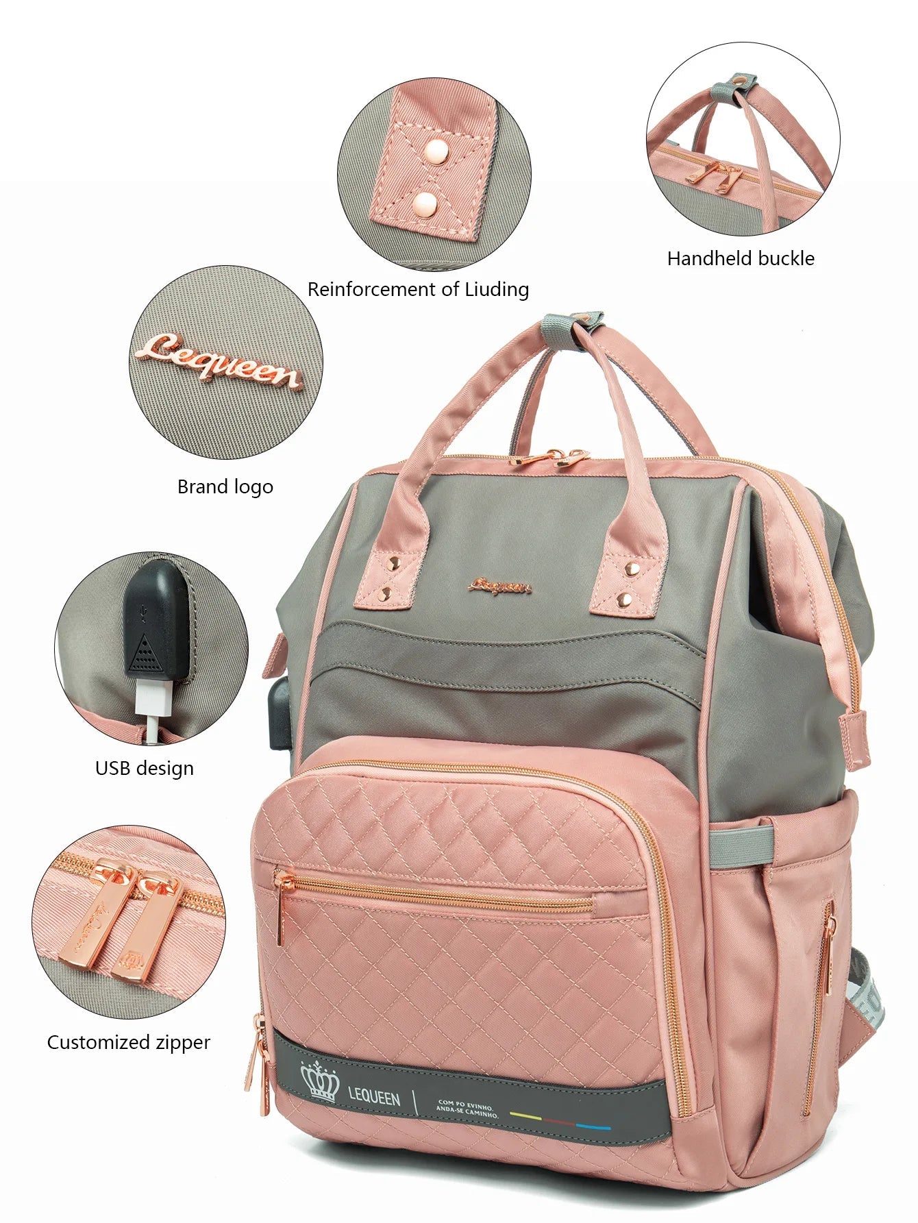 Gros plan sur les finitions du sac a langer rose : coutures renforcees, poignees solides, port USB et fermetures eclair dorees personnalisees.