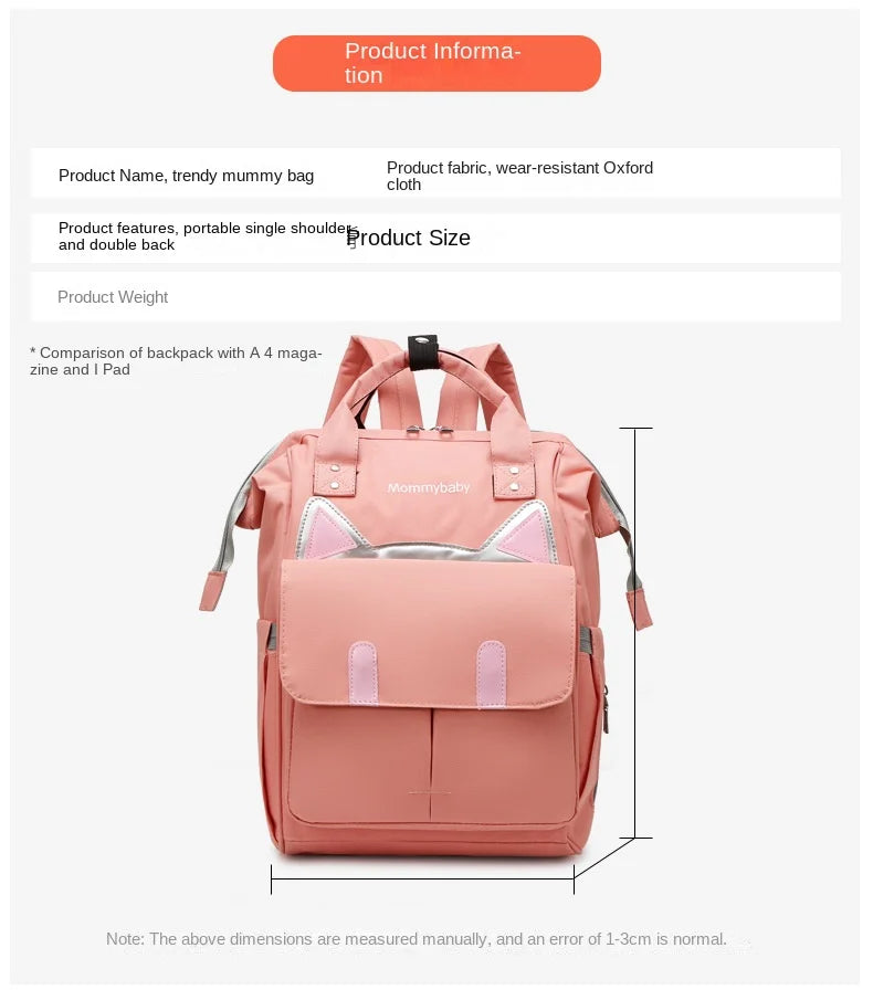 Fiche technique du sac a langer rose en toile Oxford presentant dimensions et caracteristiques comparees a une tablette