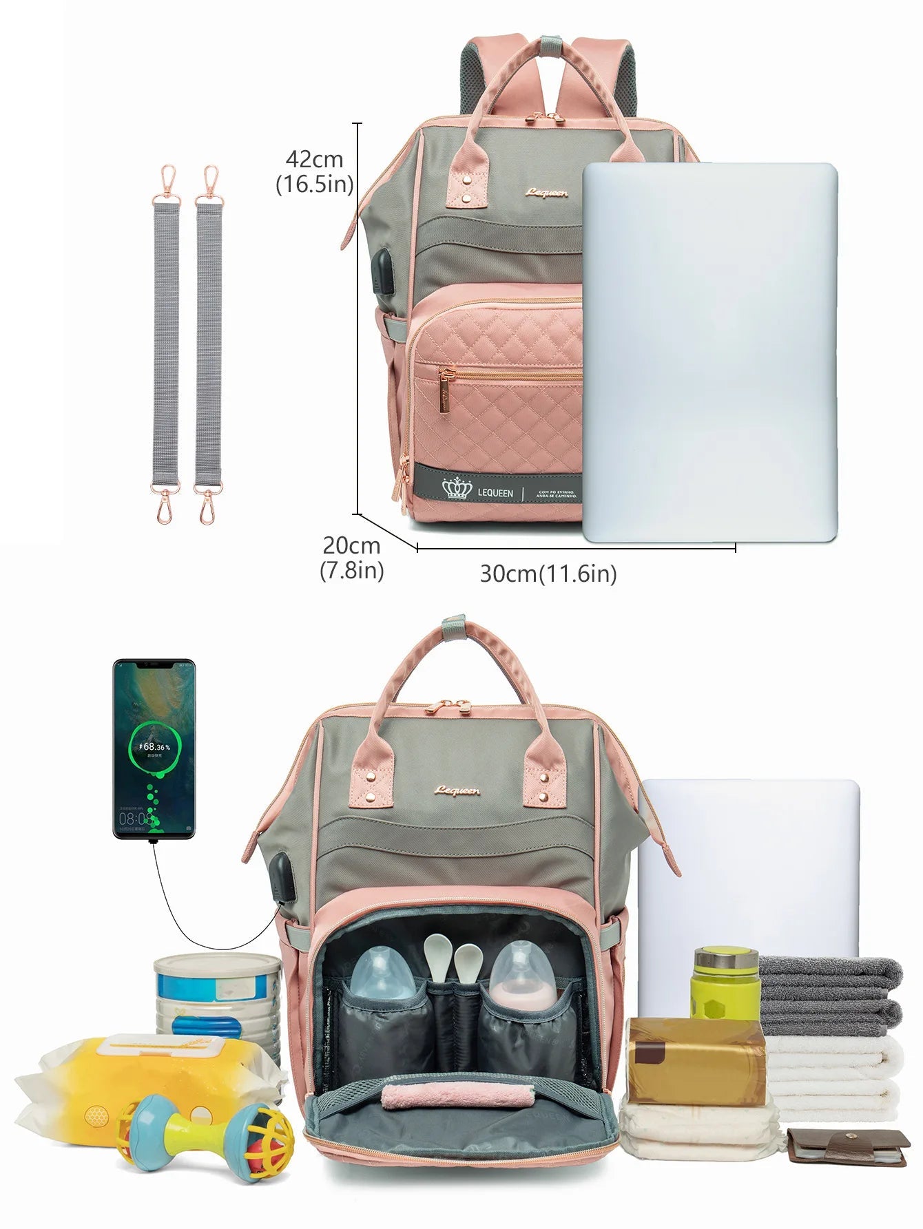 Dimensions du sac a langer rose et demonstration de sa grande capacite pouvant contenir un ordinateur portable et tout le necessaire pour bebe.