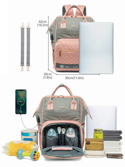 Dimensions du sac a langer rose et demonstration de sa grande capacite pouvant contenir un ordinateur portable et tout le necessaire pour bebe.