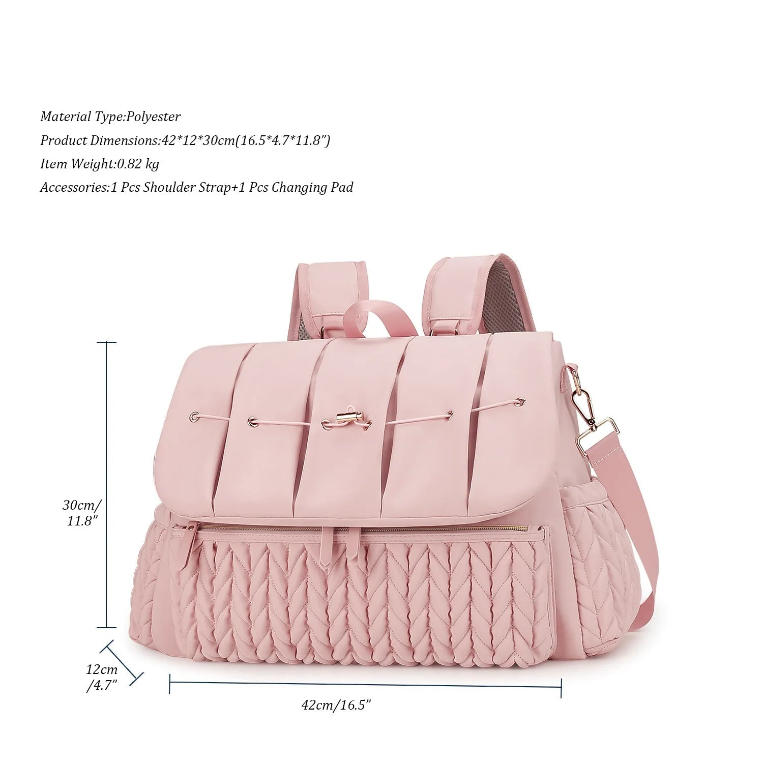 Fiche technique du sac a langer indiquant ses dimensions compactes et son poids leger de 0,82 kg facile a transporter