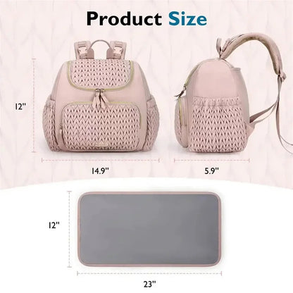 Vue detaillee des dimensions du sac a langer rose et de son matelas a langer inclus pour bien evaluer son format compact.