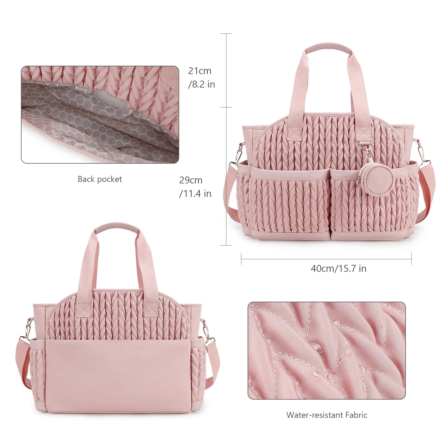 Sac a langer rose avec dimensions detaillees, poche arriere et tissu deperlant facile a nettoyer apres un incident