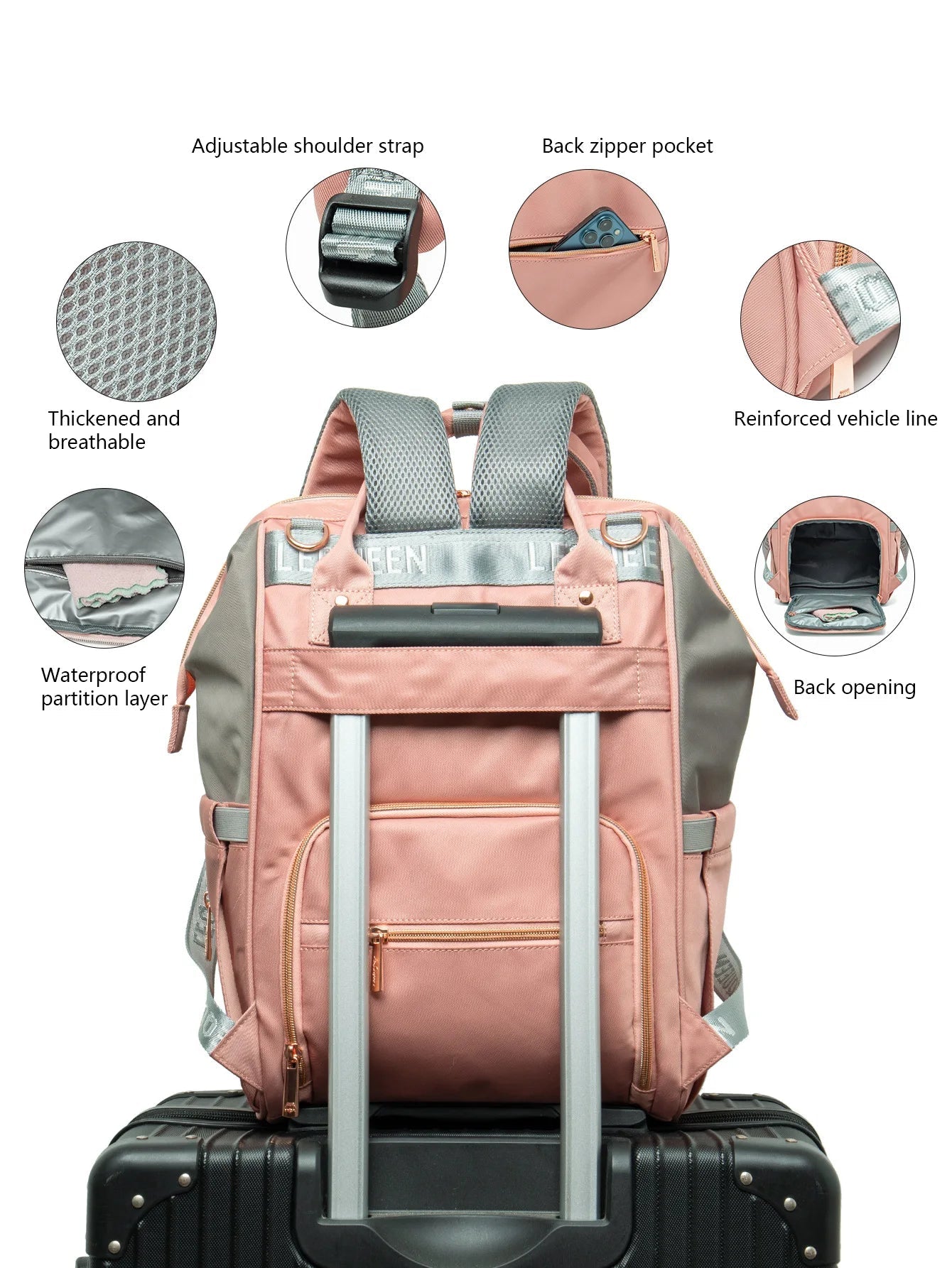 Sac a langer rose fixe sur une valise via son passant arriere, avec bretelles matelassees respirantes et poche zippee securisee pour le voyage.