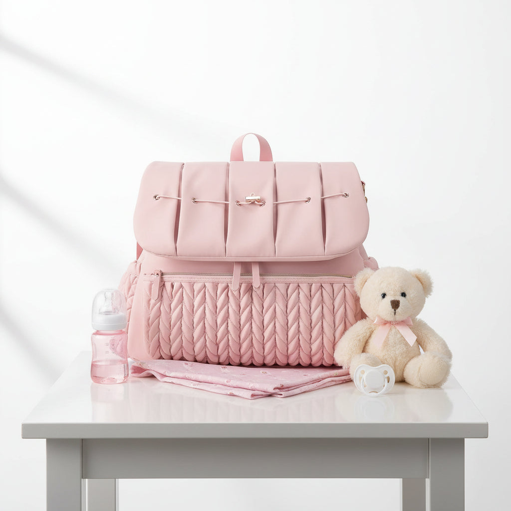 Sac a langer rose au design elegant avec matelassage texture, ideal pour les jeunes parents soucieux du style
