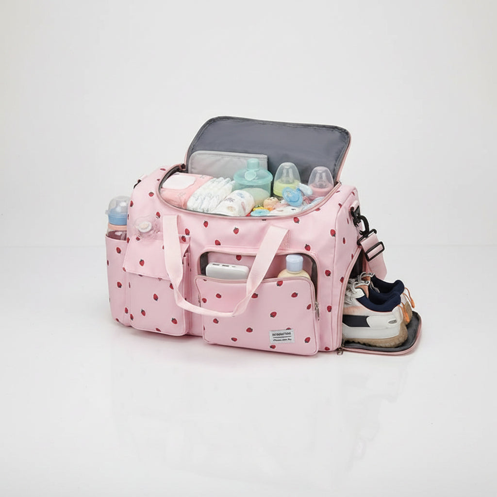 Sac a langer rose motif fraises presente en trois coloris avec grand compartiment ouvert rempli d'affaires de bebe et espace lateral dedie aux chaussures.