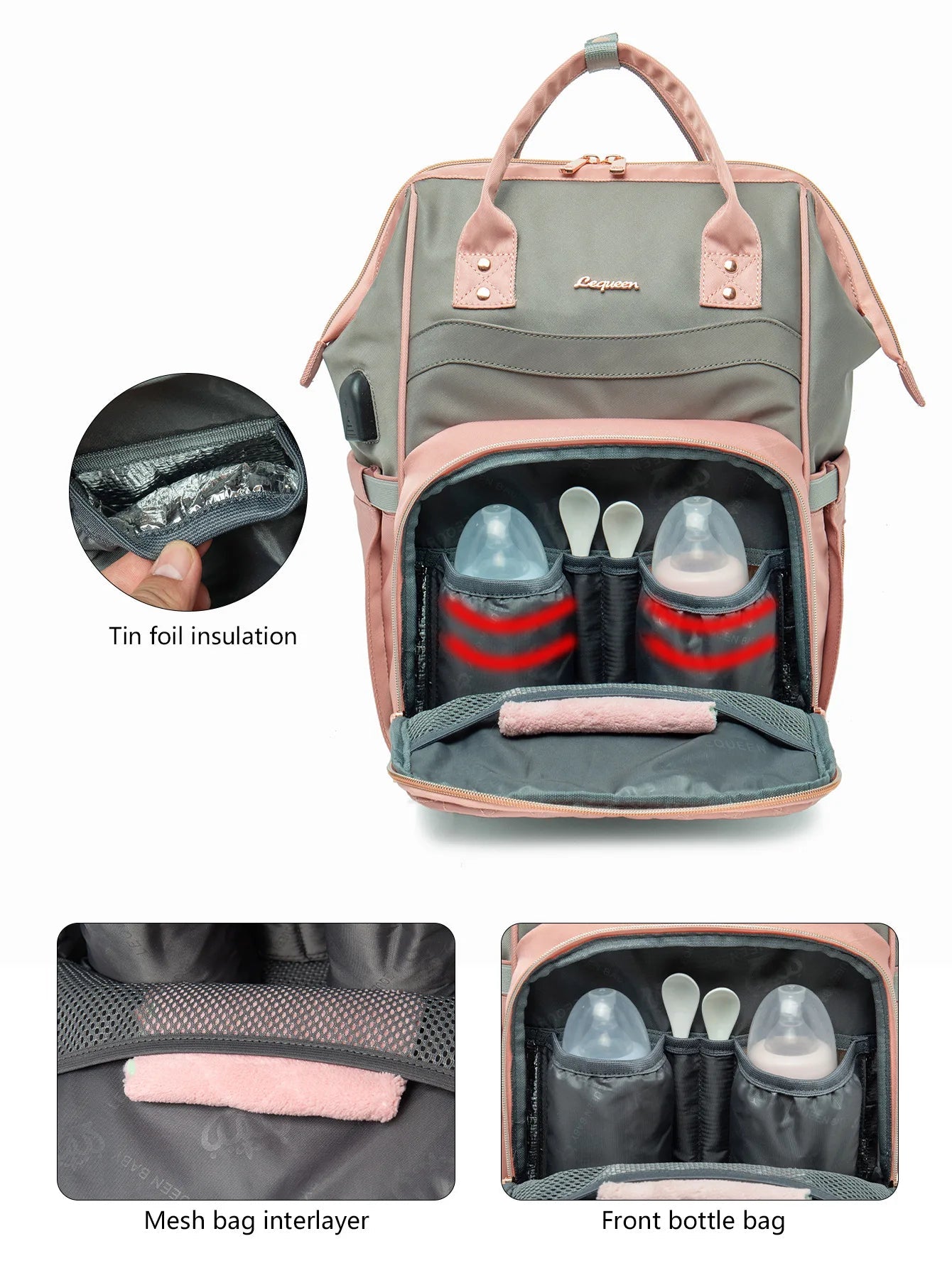 Poche isotherme en aluminium du sac a langer rose gardant les biberons au chaud, avec compartiments dedies et poche frontale filet.