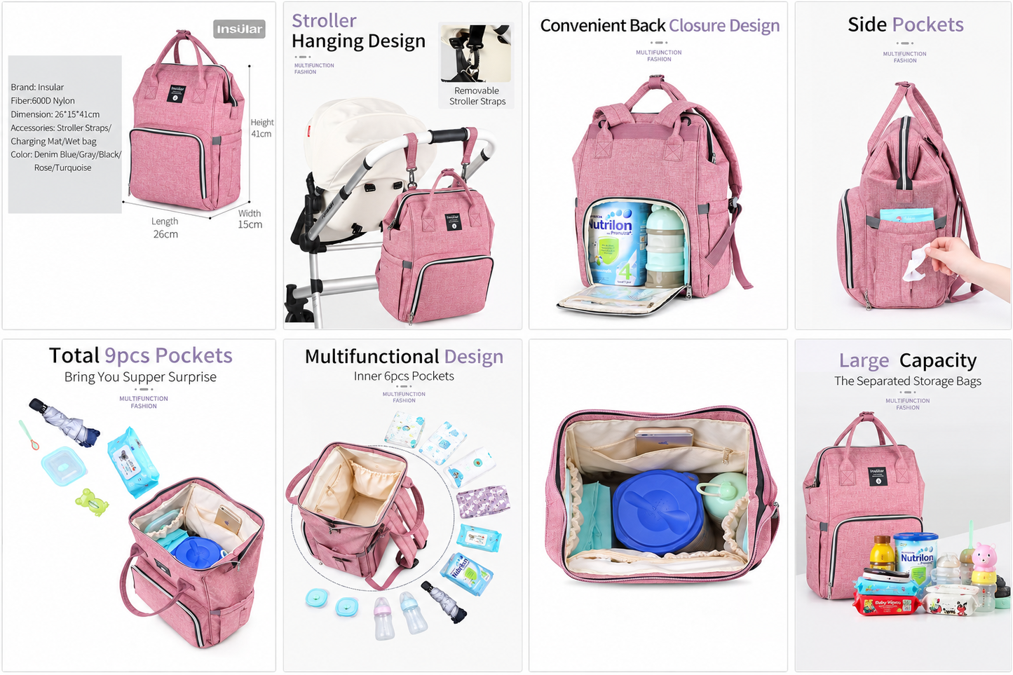 Presentation des neuf poches et six compartiments internes du sac a langer rose pour organiser toutes les affaires de bebe.