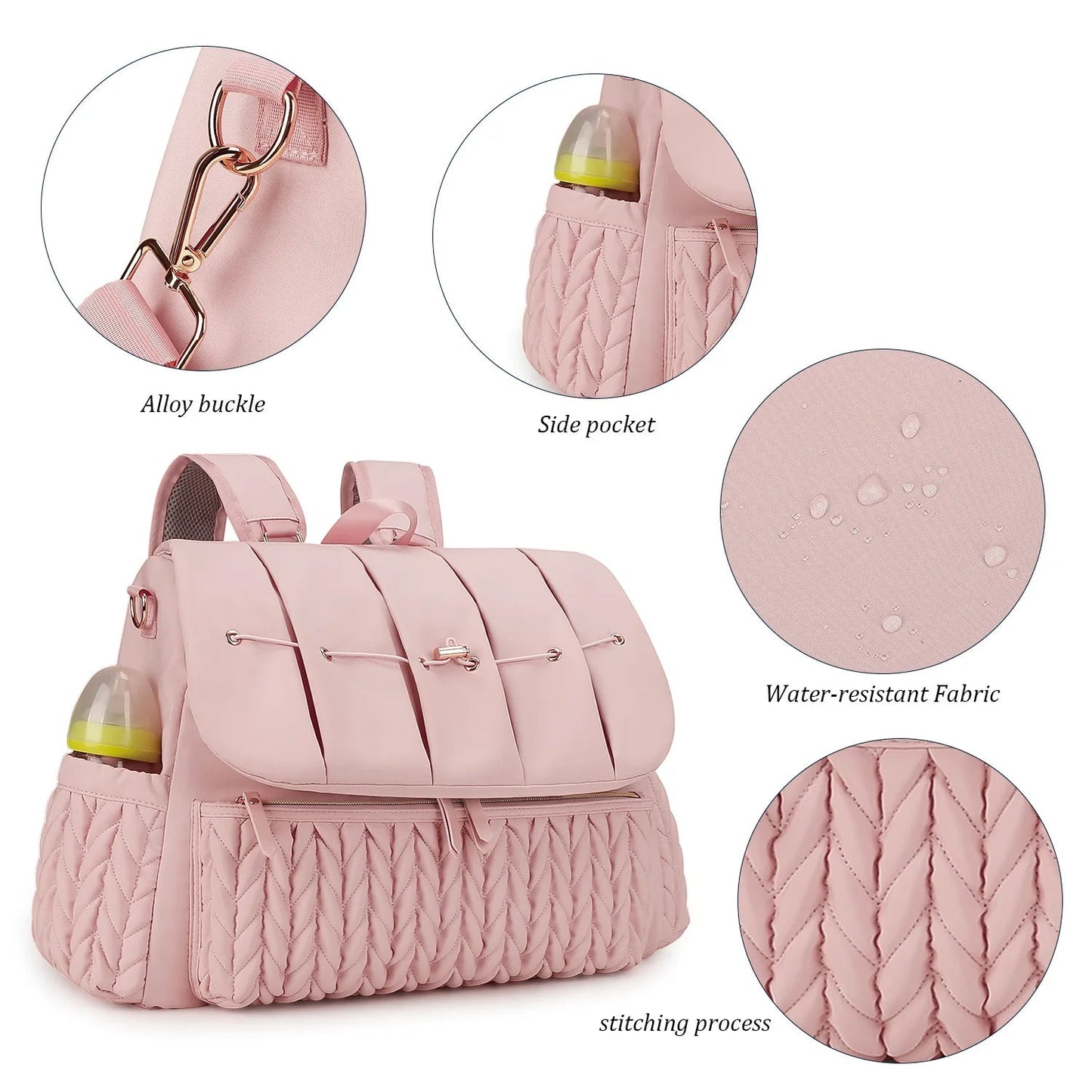 Details du sac a langer avec boucle en alliage, poche laterale pour biberon et tissu impermeable protegeant les affaires de bebe