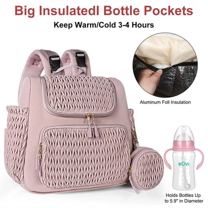 Poches isothermes du sac a langer rose avec doublure aluminium gardant les biberons au chaud ou au frais pendant trois a quatre heures.