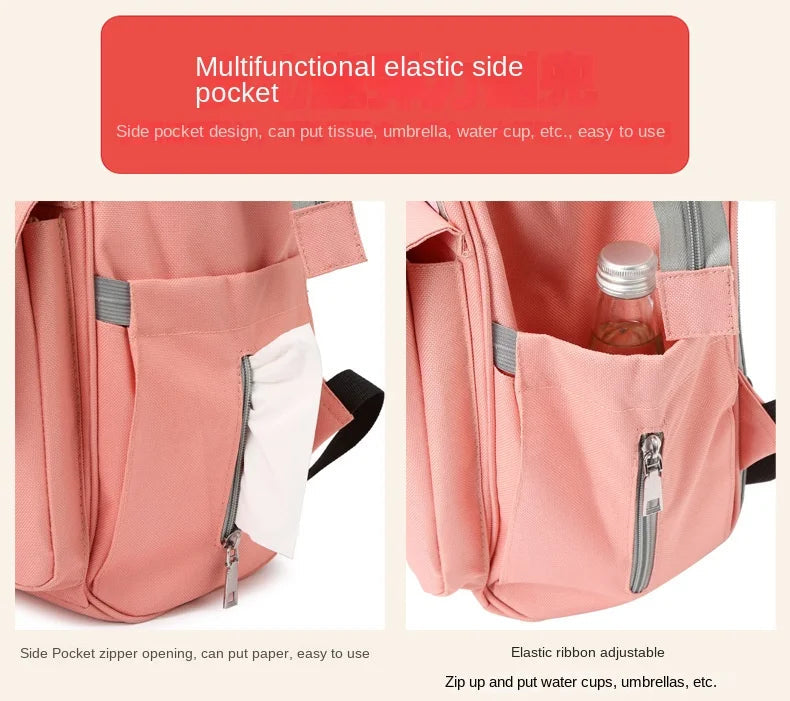 Poches laterales elastiques du sac a langer accueillant lingettes, bouteille d'eau ou parapluie a portee de main