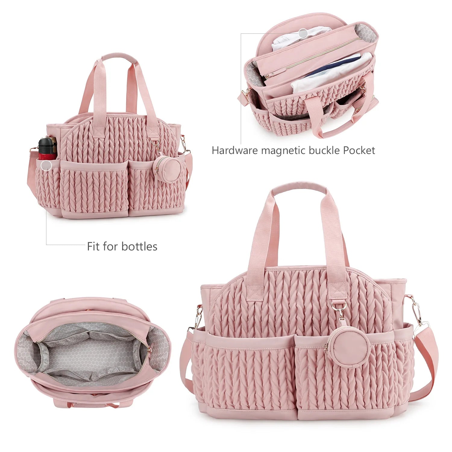 Sac a langer rose vue d ensemble avec poche laterale pour biberon et fermeture magnetique pratique au quotidien