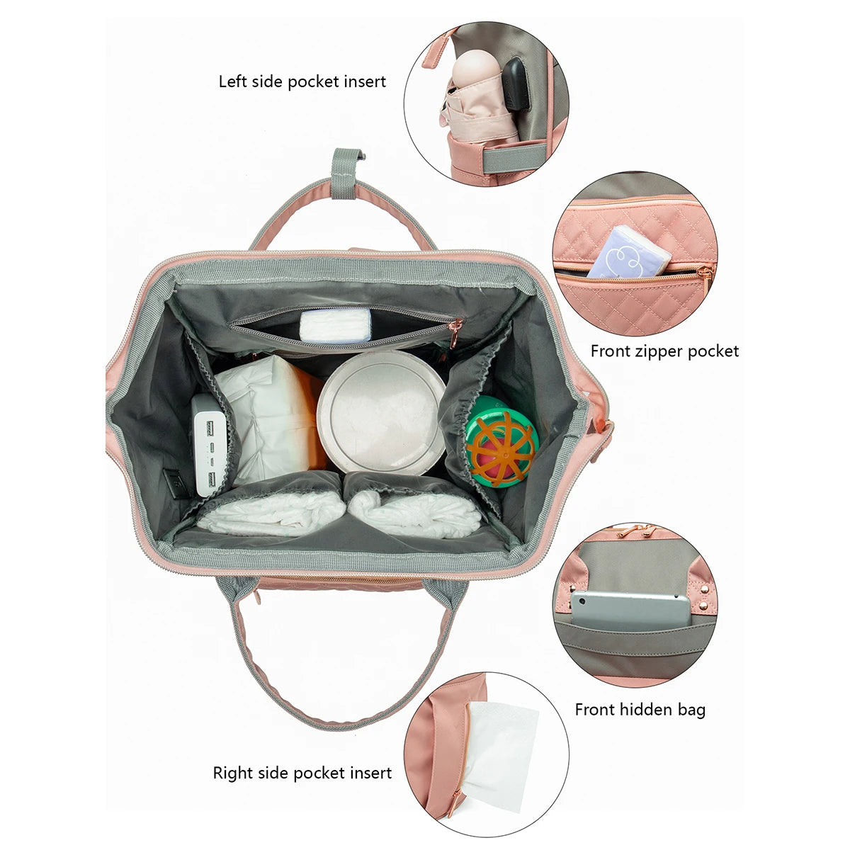 Interieur du sac a langer rose avec compartiments separes pour biberons, couches et lingettes, ideal pour tout organiser lors des sorties bebe.